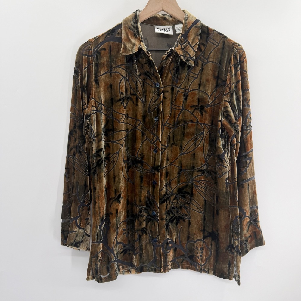 Vintage 90s Velvet Burnout Button Down Whimsygoth Shirt Silk in reown Size S
